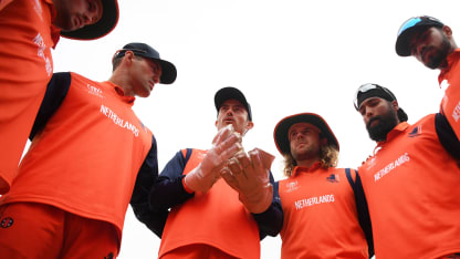 Scott Edwards of Netherlands speaks to their side in the huddle during the ICC Men's Cricket World Cup Qualifier Zimbabwe 2023 Super 6 match between Netherlands and Oman