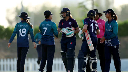 Players of Thailand shakes hands with players of Scotland after the ICC Women's T20 World Cup Qualifier 2024 match between Thailand and Scotland at Tolerance Oval on May 03, 2024 in Abu Dhabi, United Arab Emirates.