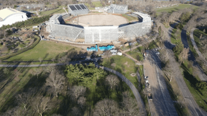 Fly over of the Nassau International Cricket Stadium in New York.