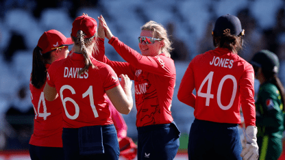 England's Charlie Dean celebrates with teammates after the dismissal of Pakistan's Muneeba Ali during the Group B T20 women's World Cup cricket match between England and Pakistan 1920x1080