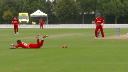 Petrus Burger flipped for 8 with a great diving catch from Robert Chimhinya