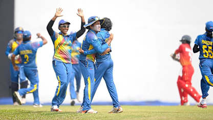 Srilanka's Chamari Polgampola celebrates after taking the wicket of Zimbabwes Modester Mupachikwa in their Group A match in the ICC Womens World Cup Qualifiers, Colombo Sri Lanka. 11th February