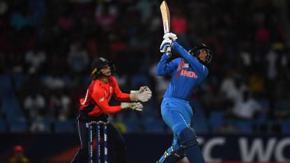 Smriti Mandhana of India bats during the ICC Women's World T20 2018 Semi-Final match between England and India at Sir Viv Richards Cricket Ground on November 22, 2018 in Antigua, Antigua and Barbuda.