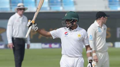 Babar Azam celebrates his hundred against Pakistan