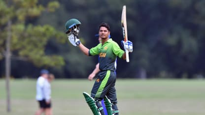 CENTURY: Pakistan's Muhammad Mohsin Khan celebrates 102 v Namibia in the U19CWC warm-ups