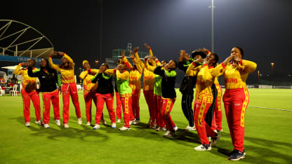 Players of Zimbabwe celebrate in front of their fans after victory in the ICC Women's T20 World Cup Qualifier 2024 match between United Arab Emirates and Zimbabwe at Tolerance Oval on April 27, 2024 in Abu Dhabi, United Arab Emirates.