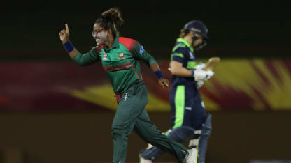 Rumana Ahmed of Bangladesh celebrates a wicket as both teams practice a super-over during the ICC Women's World T20 warm up match between Bangladesh and Ireland on November 4, 2018 at the Guyana National Stadium in Providence, Guyana.