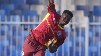 West Indies' Kevin Sinclair delivers a ball during the third one-day international cricket match between the United Arab Emirates and West Indies
