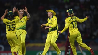 Delissa Kimmince of Australia(2L) celebrates after dismissing Natasha McLean of West Indies during the ICC Women's World T20 2018 Semi-Final match between West Indies and Australia at Sir Viv Richards Cricket Ground on November 22, 2018 in Antigua.