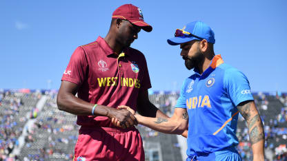 Jason Holder of West Indies and Virat Kohli of India shake hands during the Group Stage match of the ICC Cricket World Cup 2019 between West Indies and India at Old Trafford on June 27, 2019 in Manchester, England.