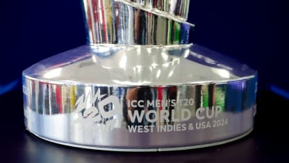 The ICC Men's T20 World Cup trophy is displayed at Broward Stadium in Lauderhill, Florida.