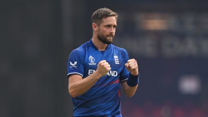 Chris Woakes of England celebrates the wicket of Shreyas Iyer of India during the ICC Men's Cricket World Cup India 2023 between India and England