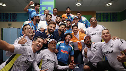 Celebrations in the Indian dressing room after their Champions Trophy 2025 triumph