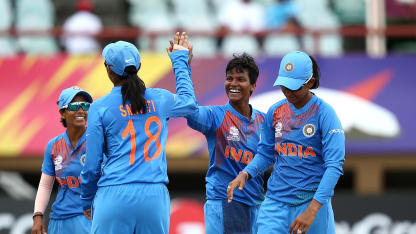 Deepti Sharma of India celebrates her wicket with team mates during the ICC Women's World T20 2018 match between India and Ireland at Guyana National Stadium on November 15, 2018 in Providence, Guyana.