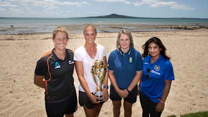 Cricketers Sophie Devine, Suzie Bates, Dane van Niekerk and Mithali Raj pose together at Auckland’s Kohimarama Beach as part of the ICC Women’s World Cup 2021 Host City Announcement event on Thursday.