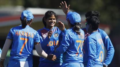 Radha Yadav of India (2L) celebrates with Veda Krishnamurthy of India (C) after combining for the wicket of Hansima Karunarathna of Sri Lanka during the ICC Women's T20 Cricket World Cup match between India and Sri Lanka on February 29, 2020.