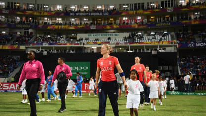 Heather Knight of England leads out her side for the national anthems during the ICC Women's World T20 2018 Semi-Final match between England and India at Sir Viv Richards Cricket Ground on November 22, 2018 in Antigua, Antigua and Barbuda.