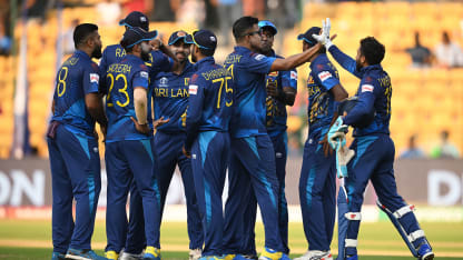 Kusal Mendis of Sri Lanka celebrates the run out wicket of Adil Rashid of England during the ICC Men's Cricket World Cup India 2023 between England and Sri Lanka