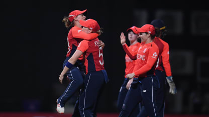 Danielle Wyatt of England(L) celebrates as she runs out Radha Yadav of India during the ICC Women's World T20 2018 Semi-Final match between England and India at Sir Viv Richards Cricket Ground on November 22, 2018 in Antigua, Antigua and Barbuda.