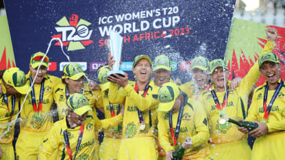Meg Lanning of Australia lifts the ICC Women's T20 World Cup following the ICC Women's T20 World Cup Final match between Australia and South Africa at Newlands Stadium on February 26, 2023 in Cape Town, South Africa.