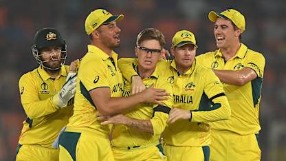 Adam Zampa of Australia celebrates the wicket of Jos Buttler of England during the ICC Men's Cricket World Cup India 2023 between England and Australia