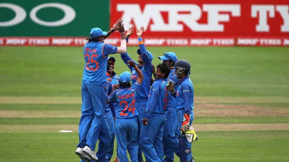 Indian players celebrate the wicket of Stafanie Taylor of West Indies during the ICC Women's World Cup 2017 match between West Indies and India