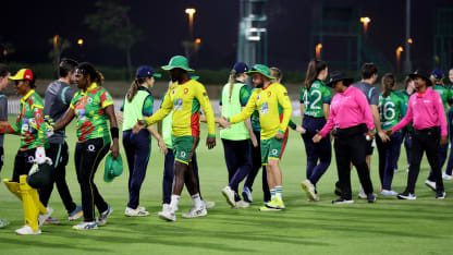 Players of Ireland shake hands with players of Vanuatu after the ICC Women's T20 World Cup Qualifier 2024 match between Vanuatu and Ireland at Tolerance Oval on May 01, 2024 in Abu Dhabi, United Arab Emirates.