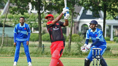 Mudassar Muhammad hits a massive six to bring Germany victory over France at the ICC Europe Division 1 Tournament in Voorburg, The Netherlands