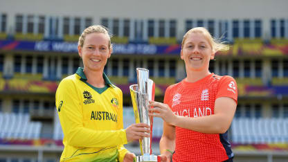 Meg Lanning, Captain of Australia and Heather Knight, Captain of England pose with the trophy during the ICC Women's World T20 Final 2018 - Previews at the Sir Vivian Richards Stadium on November 23, 2018 in Antigua, Antigua and Barbuda.
