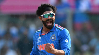 India's Ravindra Jadeja celebrates after taking the wicket of Australia's Alex Carey during the 2023 ICC Men's Cricket World Cup 