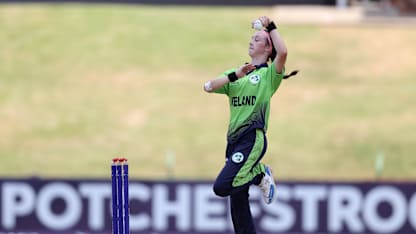 Aimee Maguire of Ireland in bowling action during the ICC Women's U19 T20 World Cup 2023 match between Ireland and Indonesia at JB Marks Oval on January 19, 2023 in Potchefstroom, South Africa.