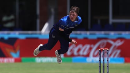Jack Brassell of Namibia in bowling action during the ICC U19 Men's Cricket World Cup South Africa 2024 match between Australia and Namibia at Diamond Oval on January 22, 2024 in Kimberley, South Africa.