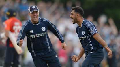 Safyaan Sharif celebrates taking the winning wicket against England