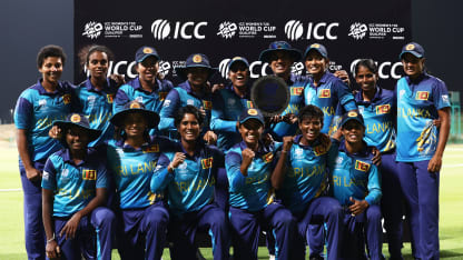 Players of Sri Lanka pose with the ICC Women's T20 World Cup Qualifier 2024 Trophy following the ICC Women's T20 World Cup Qualifier 2024 Final match between Scotland and Sri Lanka at Zayed Cricket Stadium on May 07, 2024 in Abu Dhabi, United Arab Emirates.