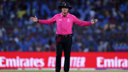 Umpire Richard Kettleborough reacts during the ICC Men's Cricket World Cup India 2023 between India and Australia at MA Chidambaram Stadium on October 08, 2023 in Chennai, India.