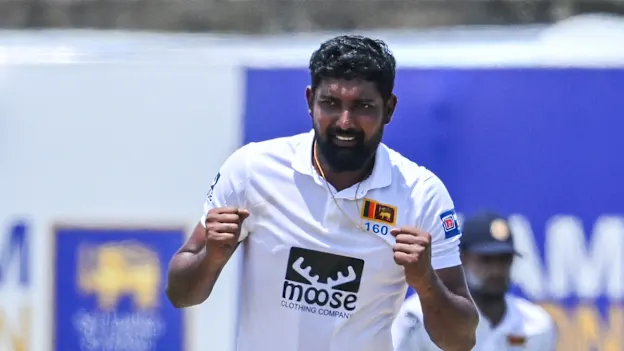 Sri Lanka Prabath Jayasuriya celebrates after taking the wicket of Ireland Harry Tector  during the first day of the second and final cricket Test match between Sri Lanka and Ireland 1920x1080