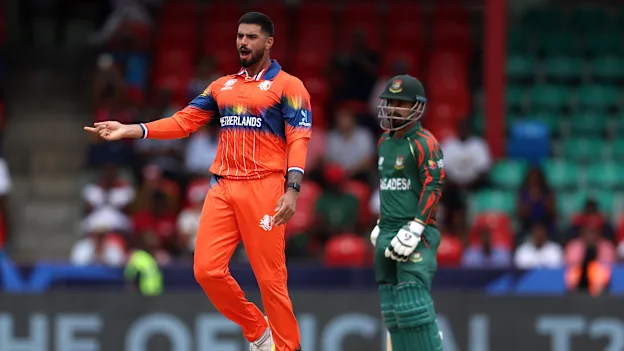 Aryan Dutt celebrates after taking wicket of Litton Das