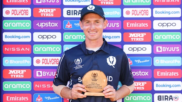 Brandon McMullen of Scotland poses for a photo with the Player of the Match award following the ICC Men's Cricket World Cup Qualifier Zimbabwe 2023 match between the Scotland and Oman at Bulawayo Athletic Club on June 25, 2023 in Bulawayo, Zimbabwe.
