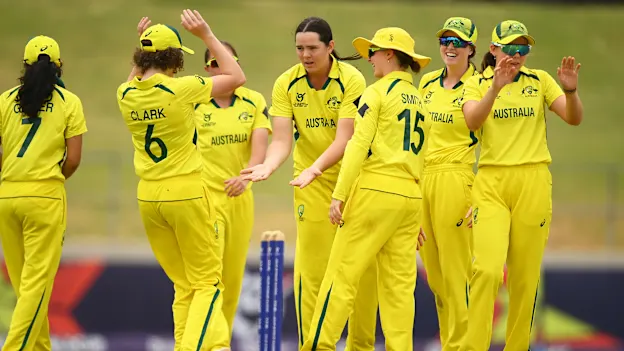 Lucy Hamilton of Australia celebrates the wicket of Vidushika Perera of Sri Lanka during the ICC Women's U19 T20 World Cup 2023 match between Australia and Sri Lanka at Willowmoore Park on January 18, 2023 in Benoni, South Africa.