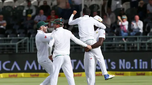 Maharaj celebrates a wicket