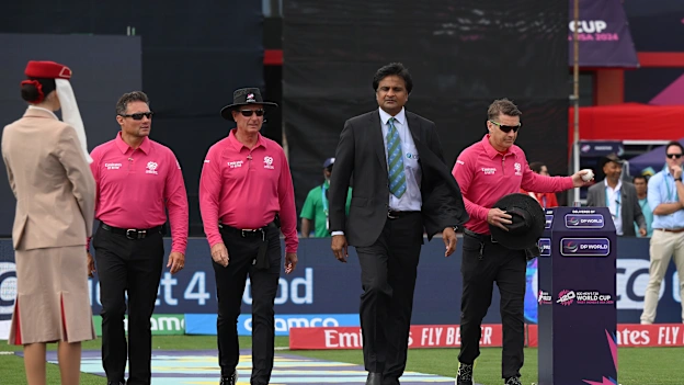 The umpires walk out ahead of the ICC Men´s T20 Cricket World Cup West Indies & USA 2024 match between Pakistan and Ireland at on June 16, 2024 in Lauderhill, Florida. 