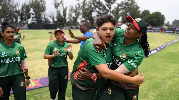 Players of Bangladesh celebrate following the ICC Women's U19 T20 World Cup 2023 match between Bangladesh and USA at Willowmoore Park B Field on January 18, 2023 in Benoni, South Africa.