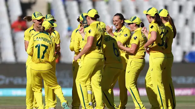 Players of Australia celebrates the wicket of Smriti Mandhana of India during the ICC Women's T20 World Cup Semi Final match between Australia and India at Newlands Stadium on February 23, 2023 in Cape Town, South Africa.