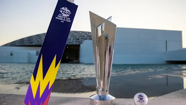 The ICC Men's T20 World Cup 2021 trophy at The Louvre Abu Dhabi ahead of the ICC Men’s T20 World Cup 2021 that begins on Sunday 17 October in UAE and Oman.