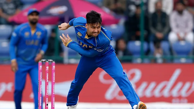 Muhammad Jawadullah of the United Arab Emirates bowls during the ICC Men's T20 World Cup India & Sri Lanka 2026 match between South Africa and United Arab Emirates at Arun Jaitley Stadium