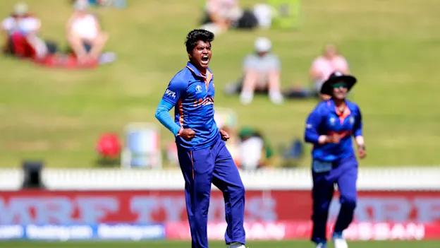 Pooja Vastrakar of India celebrates dismissing Sophie Devine of New Zealand during the 2022 ICC Women's Cricket World Cup match between New Zealand and India at Seddon Park on March 10, 2022 in Hamilton, New Zealand.