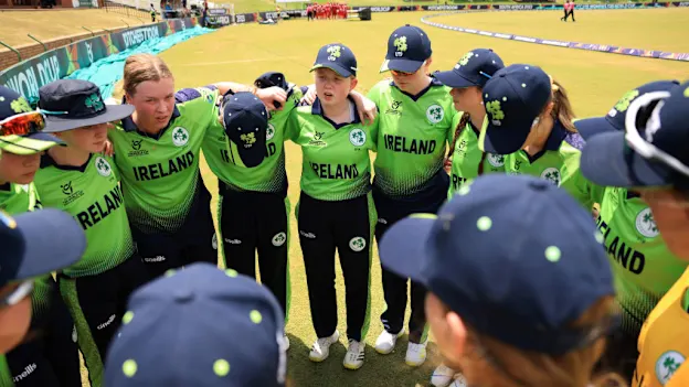 Siuin Woods of Ireland speaks to their side in the huddle during the ICC Women's U19 T20 World Cup 2023 match between Ireland and Indonesia at JB Marks Oval on January 19, 2023 in Potchefstroom, South Africa.
