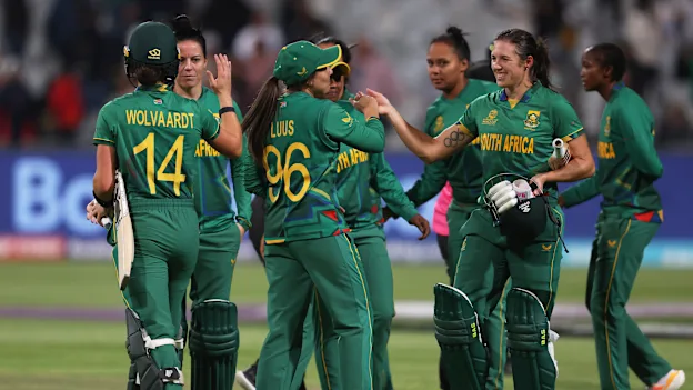 Players of South Africa celebrate following the ICC Women's T20 World Cup group A match between South Africa and Bangladesh at Newlands Stadium on February 21, 2023 in Cape Town, South Africa.