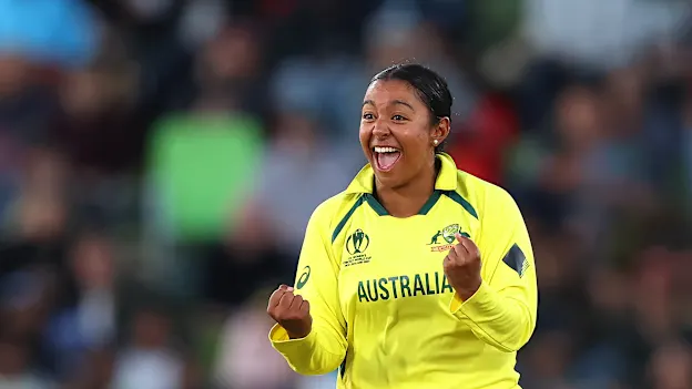 Logo of Alana King of Australia celebrates after dismissing Heather Knight of England during the 2022 ICC Women's Cricket World Cup Final match between Australia and England at Hagley Oval on April 03, 2022 in Christchurch, New Zealand.