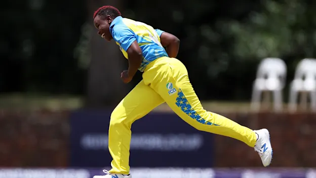 Henriette Ishimwe of Rwanda celebrates the wicket of Faith Ndhlalambi of Zimbabwe during the ICC Women's U19 T20 World Cup 2023 match between Zimbabwe and Rwanda at North-West University Oval on January 17, 2023 in Potchefstroom, South Africa.